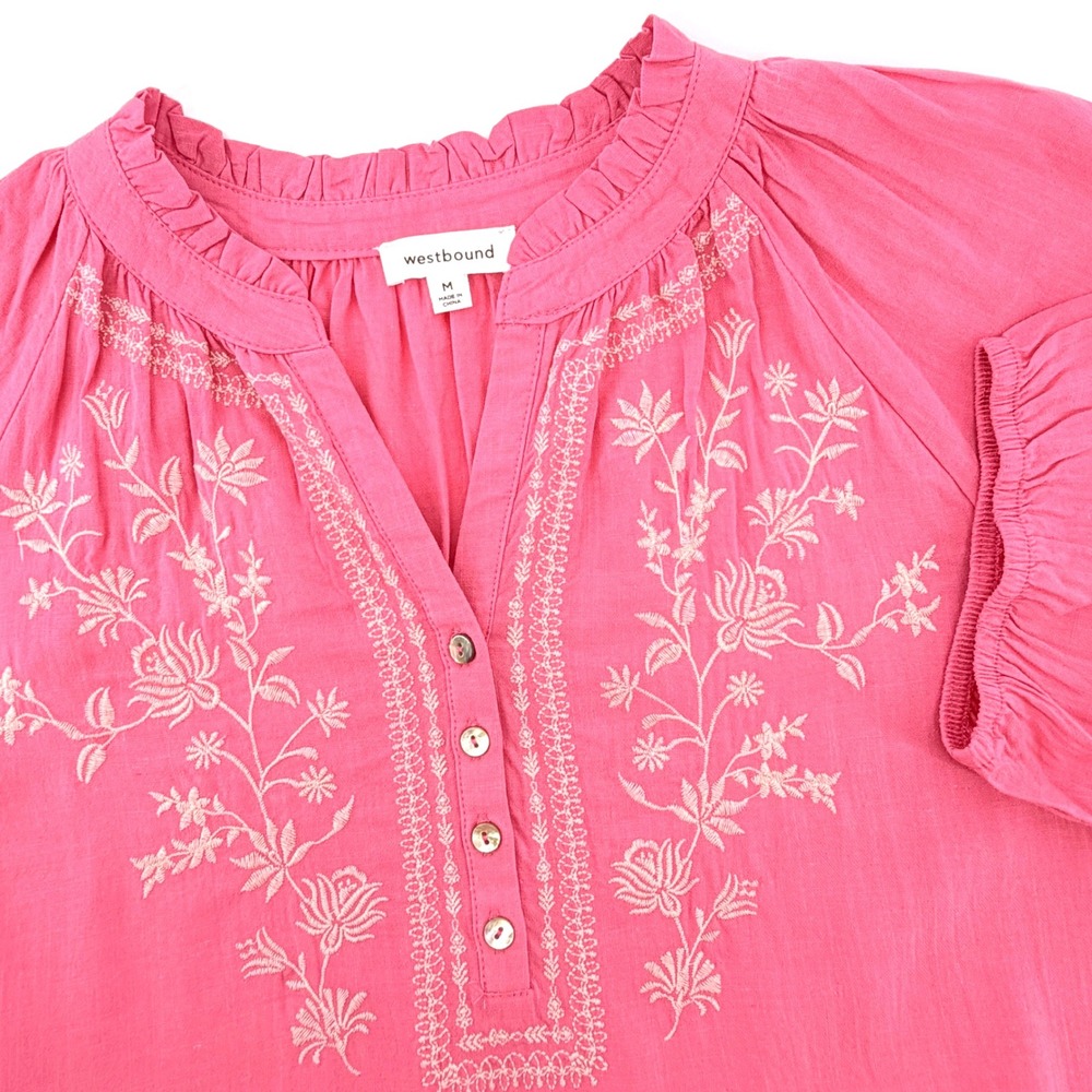 Westbound Embroidered Blouse Womens Medium Pink NWT Linen Blend Boho Ruffle Top